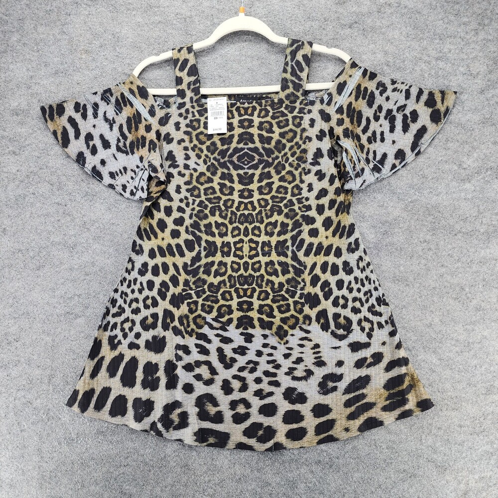 Ashley Stewart Shirt Womens 14/16 Cold Shoulder Ribbed Gray Animal Print